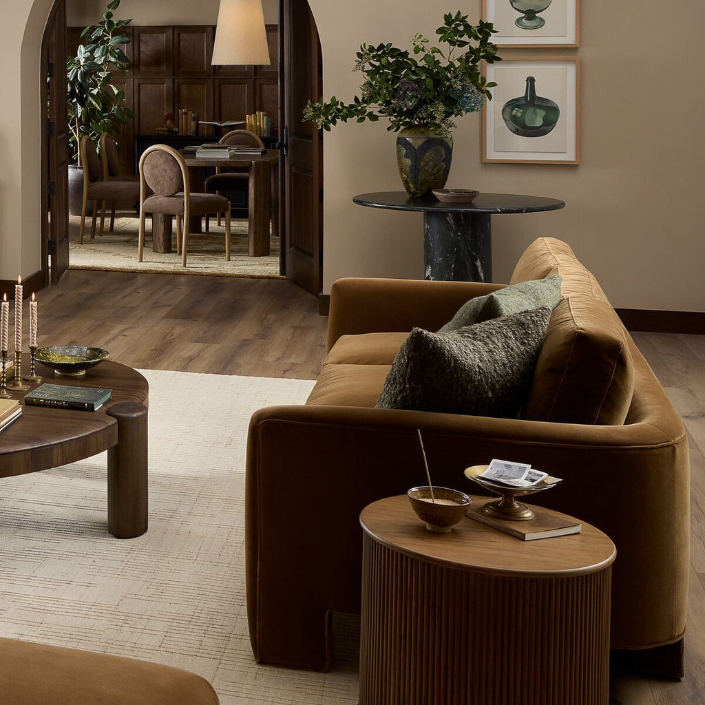 The "Katya" 97" Sofa in Surrey Cacao [Available] and Surrey Ochre [Pre-Order - Available in Sept]